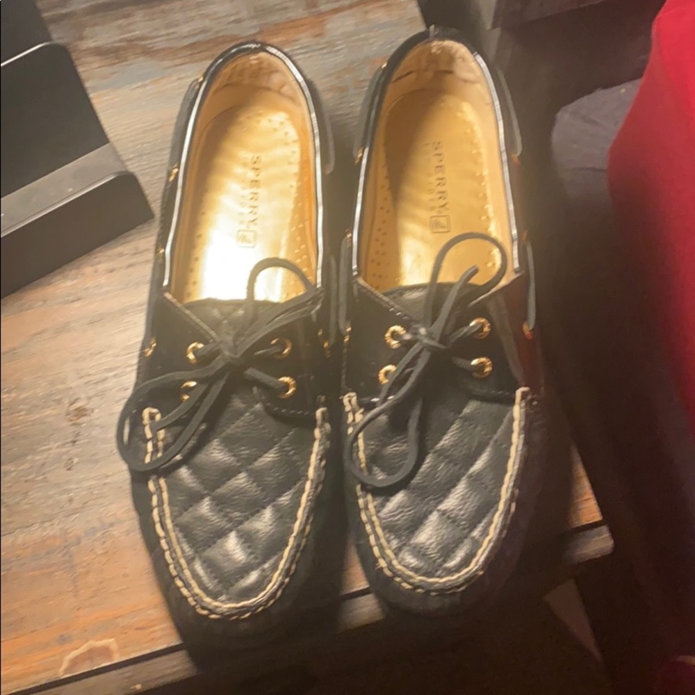 Sperry black and gold leather loafers